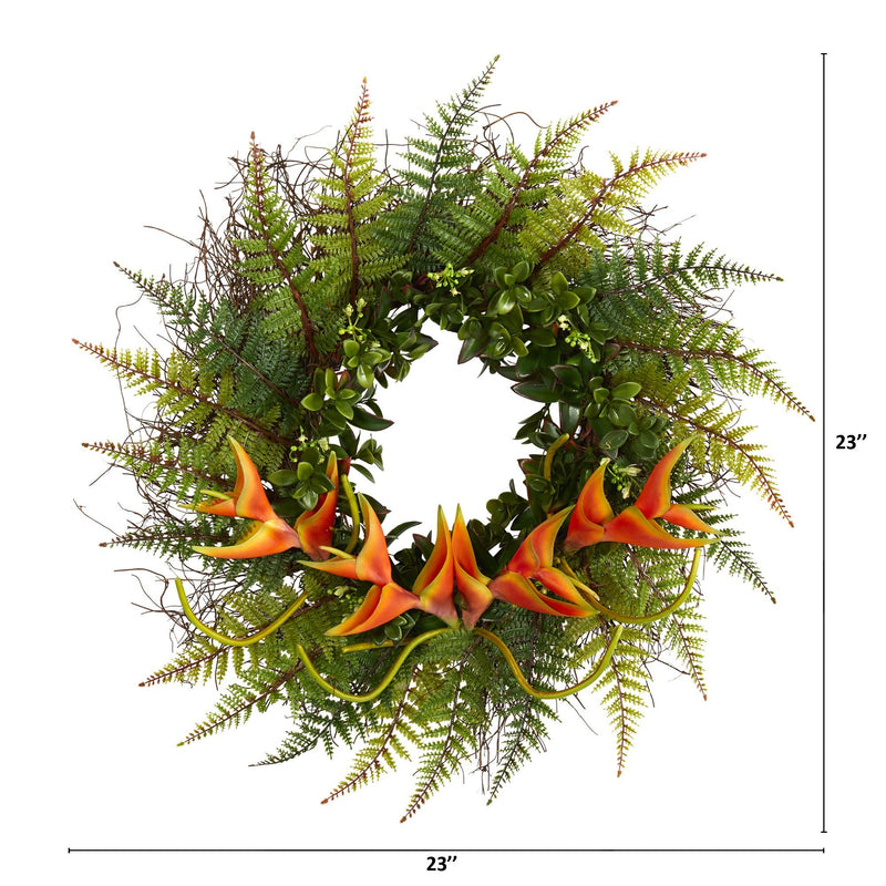 23” Assorted Fern and Mini Heliconia Artificial Wreath, photo 2 of 3