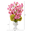 23” Hydrangea and Cherry Blossom Artificial Arrangement in White Urn