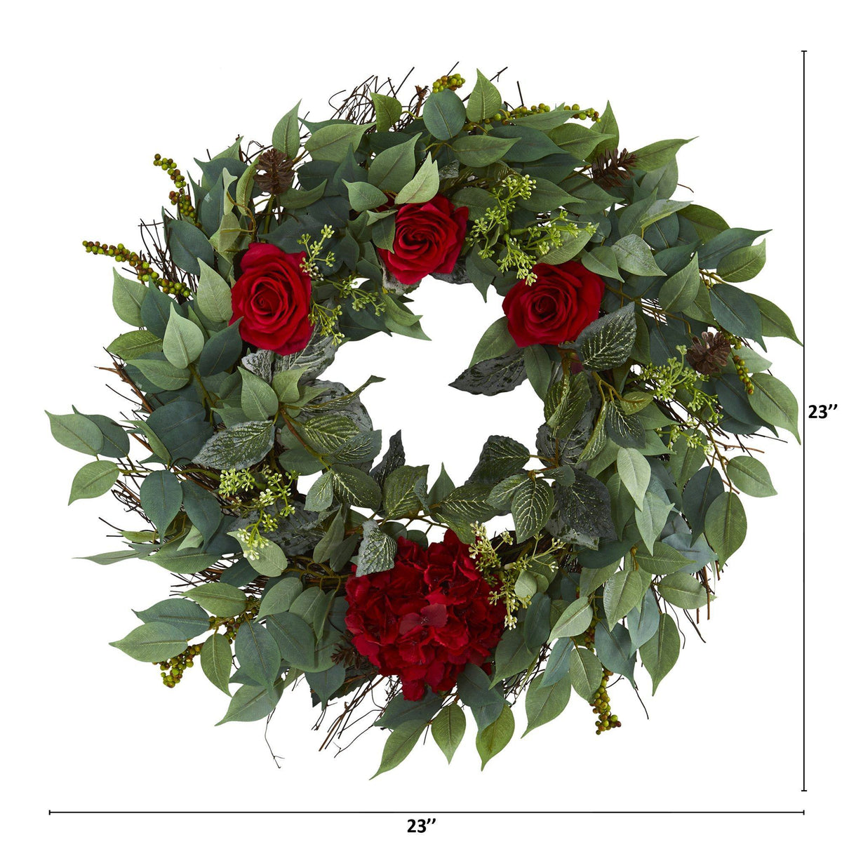 23” Mixed Greens, Hydrangea and Rose Artificial Wreath, photo 2 of 2