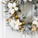 24” Artificial Flocked Poinsettia and Pine Christmas Wreath with 50 Warm White LED Lights