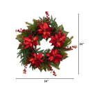 24" Poinsettia & Berry Wreath" by Nearly Natural
