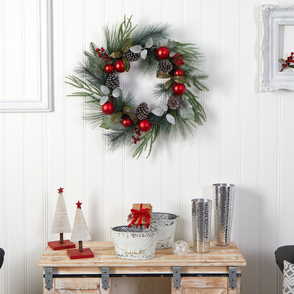 24” Assorted Pine, Pinecone and Berry Artificial Christmas Wreath with Red Ornaments, photo 5 of 6