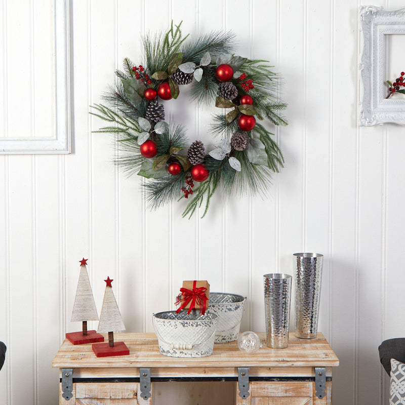 24” Assorted Pine, Pinecone and Berry Artificial Christmas Wreath with Red Ornaments, photo 5 of 6