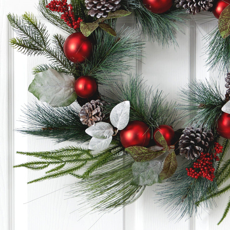 24” Assorted Pine, Pinecone and Berry Artificial Christmas Wreath with Red Ornaments, photo 2 of 6