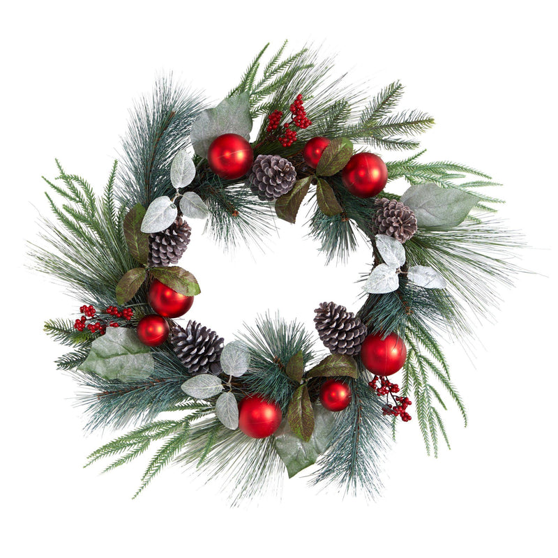 24” Assorted Pine, Pinecone and Berry Artificial Christmas Wreath with Red Ornaments, photo 6 of 6