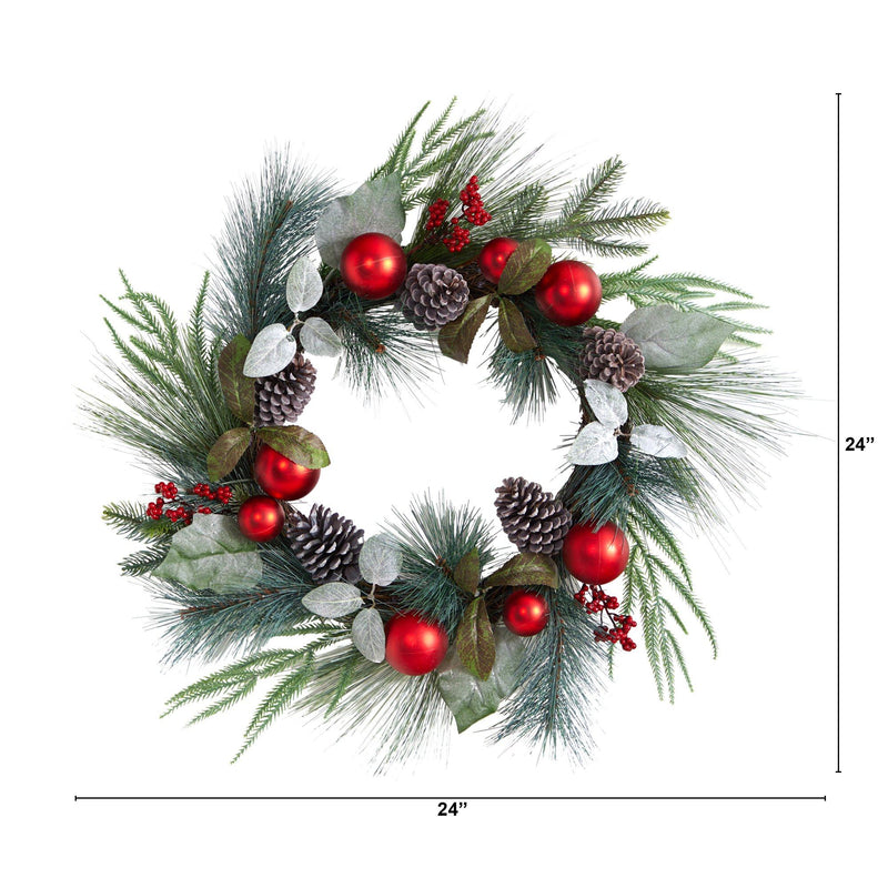24” Assorted Pine, Pinecone and Berry Artificial Christmas Wreath with Red Ornaments, photo 4 of 6