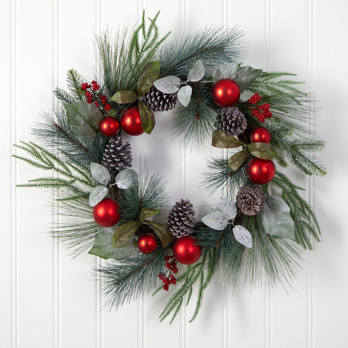 24” Assorted Pine, Pinecone and Berry Artificial Christmas Wreath with Red Ornaments, photo 3 of 6