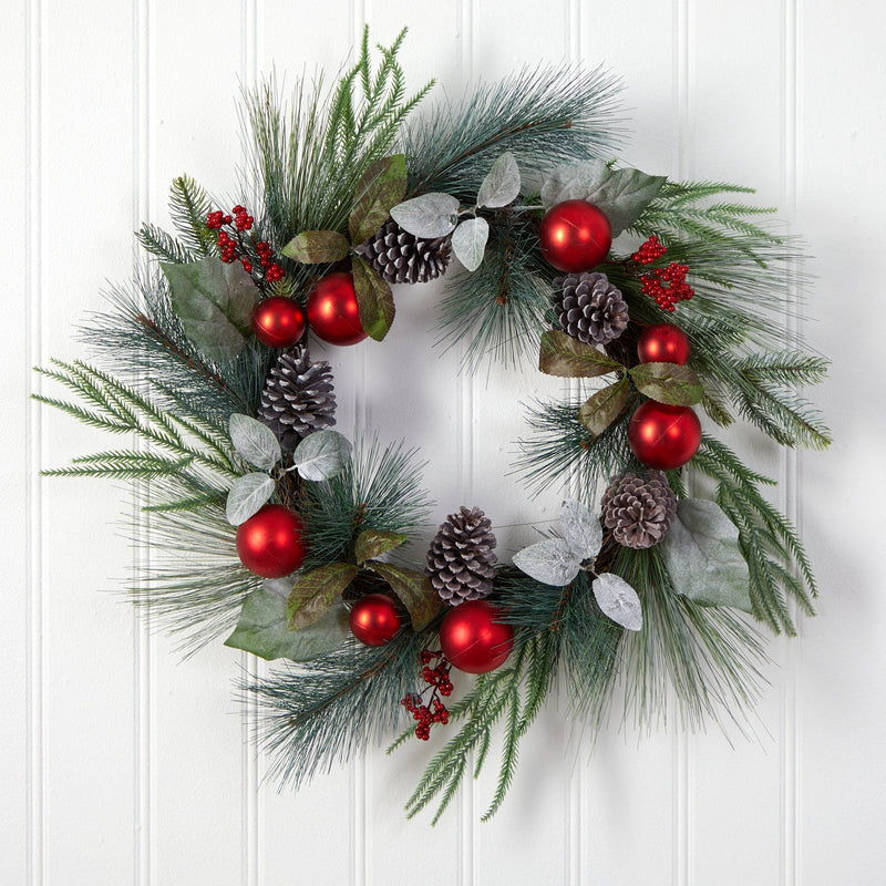24” Assorted Pine, Pinecone and Berry Artificial Christmas Wreath with Red Ornaments, photo 3 of 6