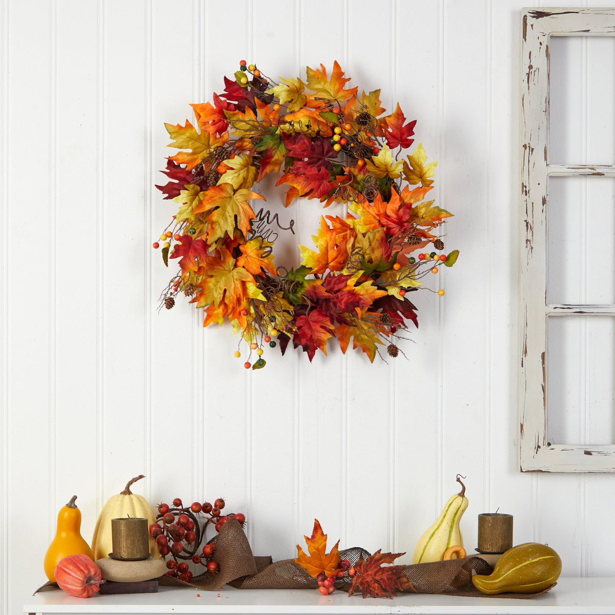 24” Autumn Maple Leaf and Berries Artificial Fall Wreath with Twig Base, photo 3 of 6