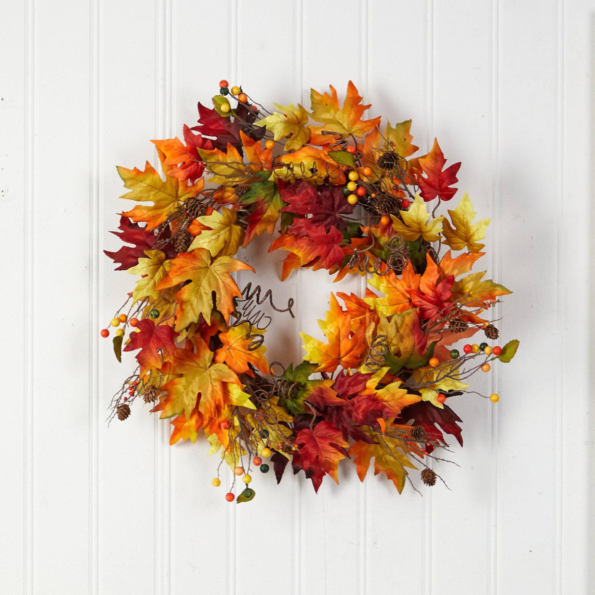 24” Autumn Maple Leaf and Berries Artificial Fall Wreath with Twig Base, photo 5 of 6