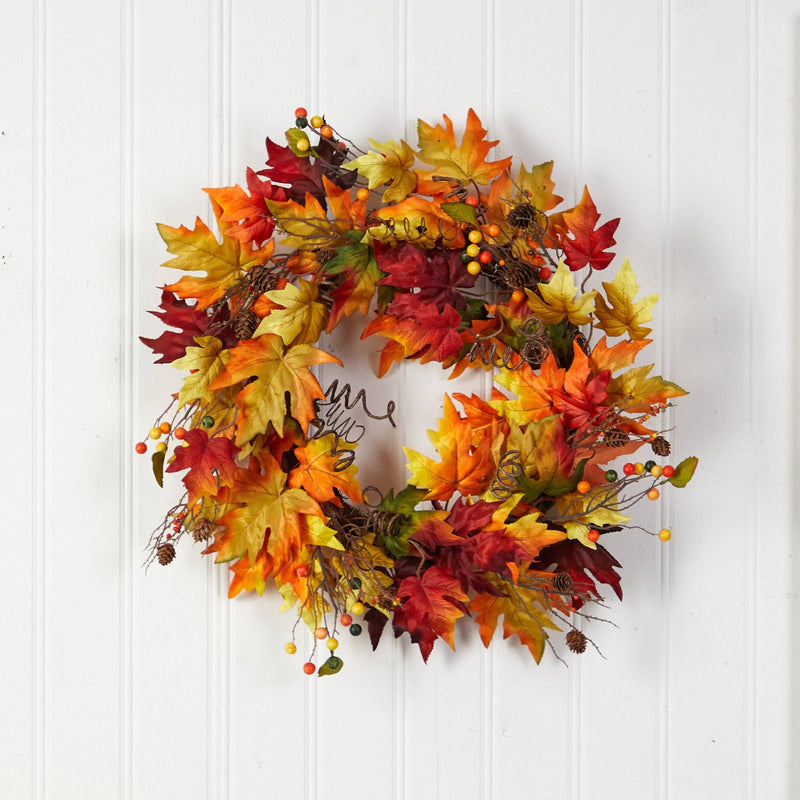 24” Autumn Maple Leaf and Berries Artificial Fall Wreath with Twig Base, photo 5 of 6