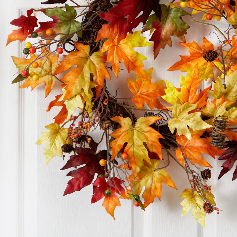 24” Autumn Maple Leaf and Berries Artificial Fall Wreath with Twig Base, photo 2 of 6