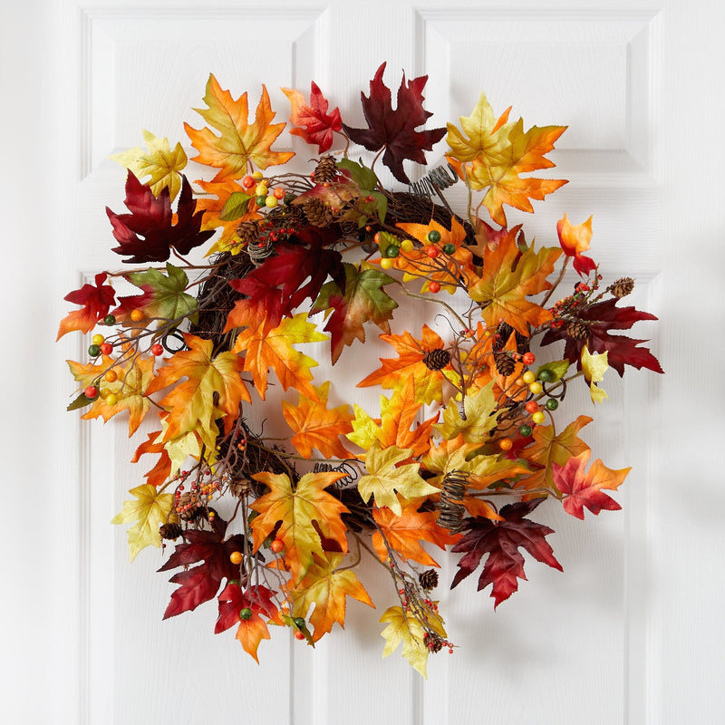 24” Autumn Maple Leaf and Berries Artificial Fall Wreath with Twig Base