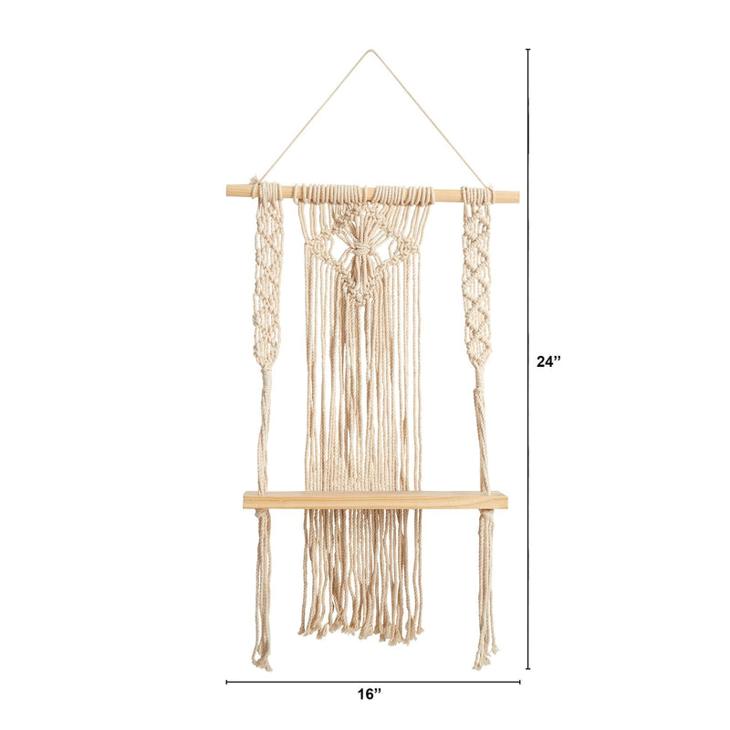 24" Boho Chic Wood Macrame Single Shelf Woven Diamond Wall Art Décor", photo 2 of 2