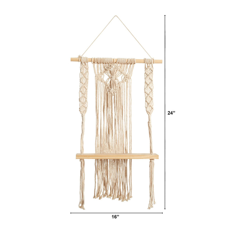 24" Boho Chic Wood Macrame Single Shelf Woven Diamond Wall Art Décor"