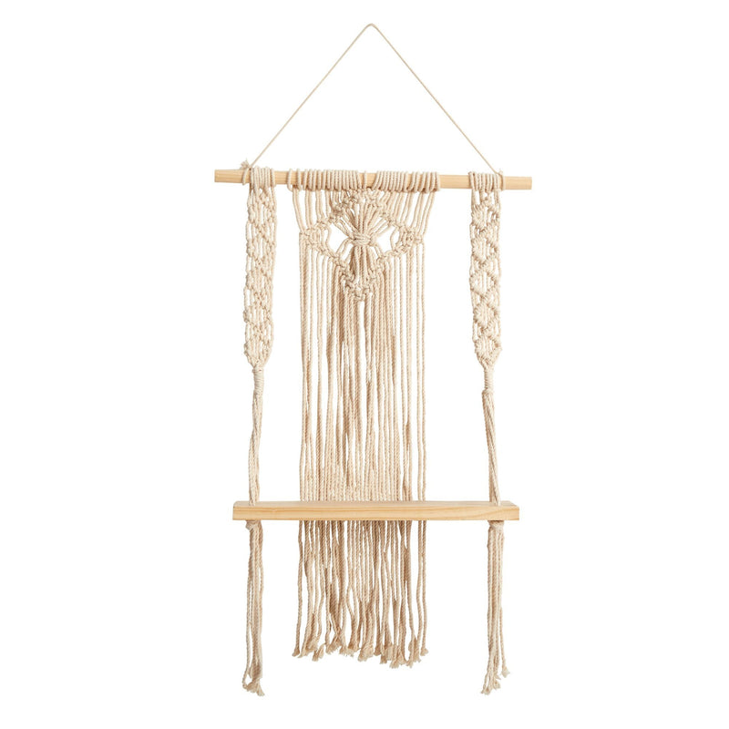 24" Boho Chic Wood Macrame Single Shelf Woven Diamond Wall Art Décor"