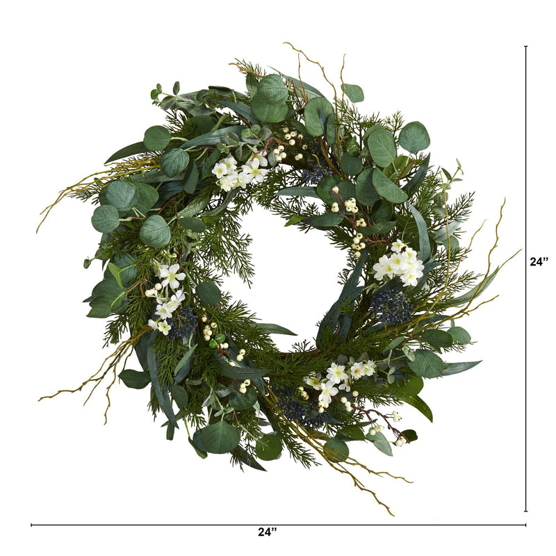 24” Eucalyptus, Dancing Daisy and Mixed Greens Artificial Wreath, photo 2 of 3