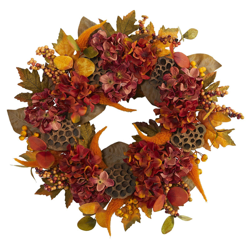 24” Fall Hydrangea, Lotus and Berries Artificial Wreath, photo 2 of 3