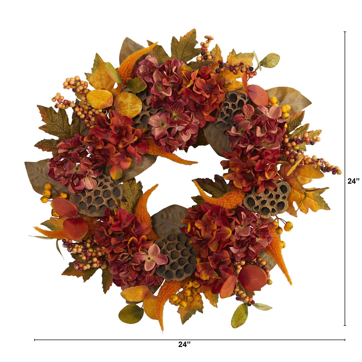 24” Fall Hydrangea, Lotus and Berries Artificial Wreath, photo 3 of 3