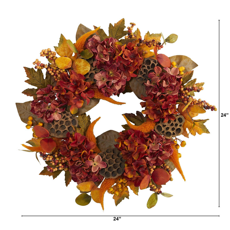 24” Fall Hydrangea, Lotus and Berries Artificial Wreath, photo 3 of 3