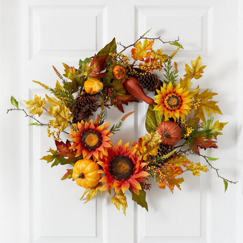 24” Fall Sunflower, Pumpkin, Gourds, Pinecone and Berries Autumn Artificial Wreath