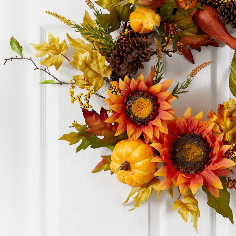 24” Fall Sunflower, Pumpkin, Gourds, Pinecone and Berries Autumn Artificial Wreath