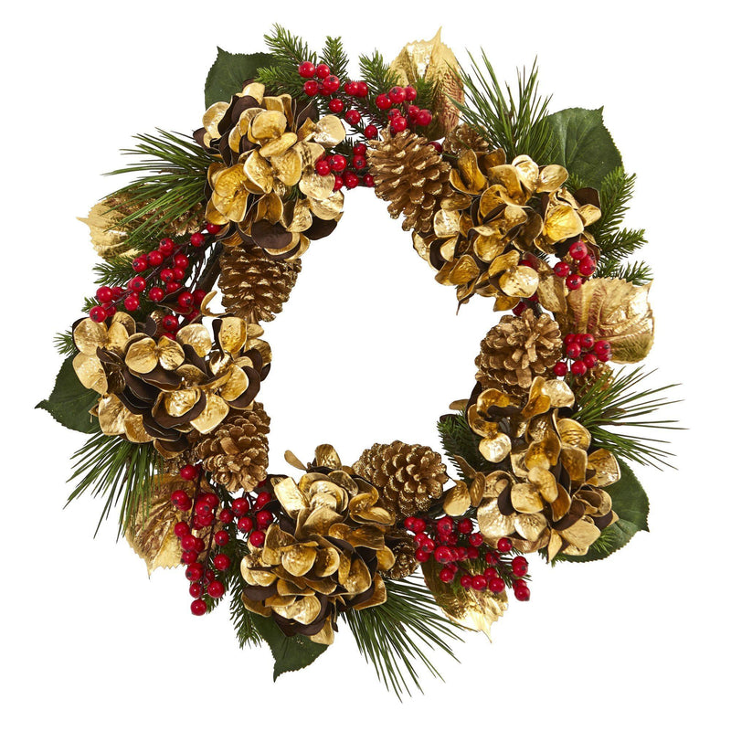 24” Golden Hydrangea with Berries and Pine Artificial Wreath, photo 3 of 3