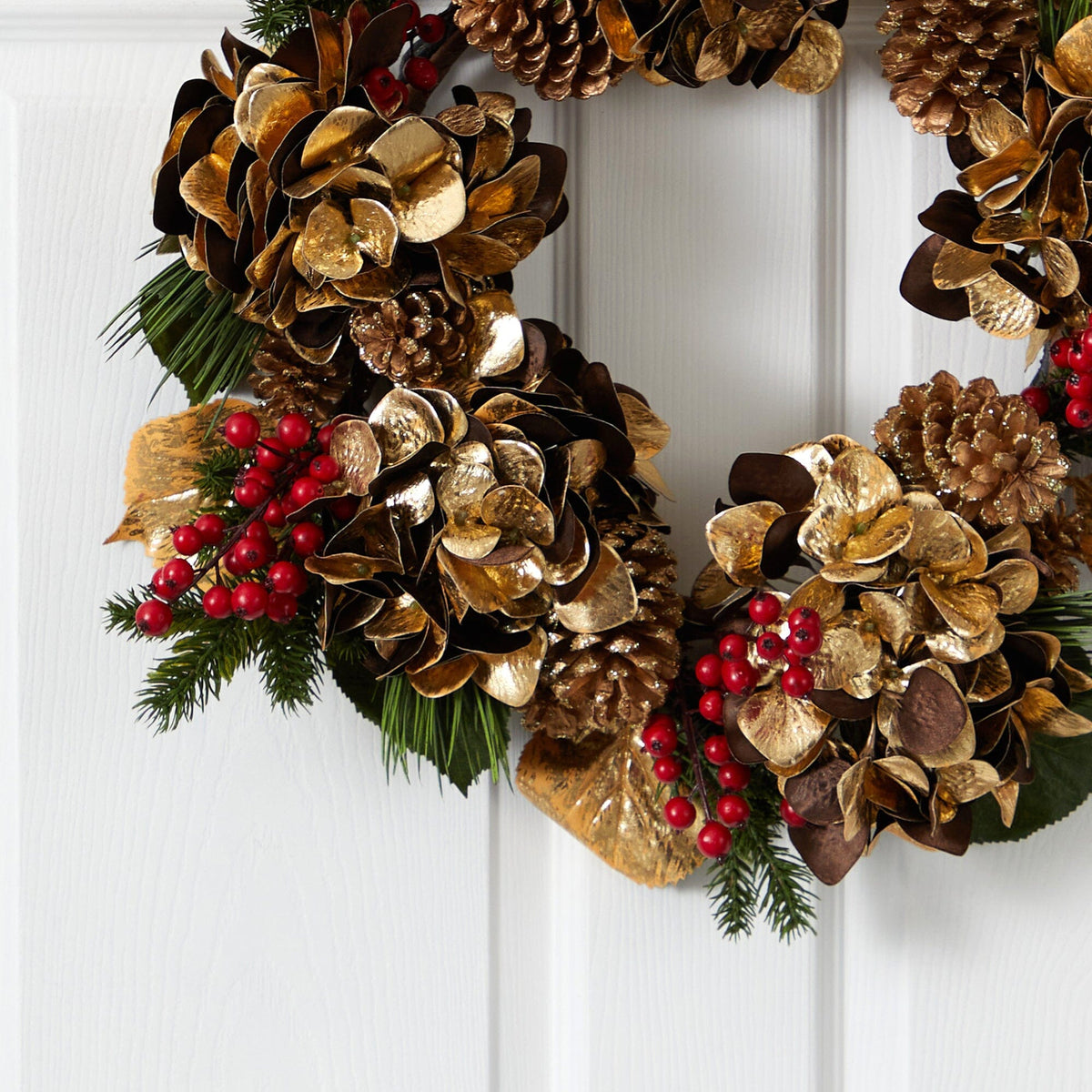 24” Golden Hydrangea with Berries and Pine Artificial Wreath, photo 2 of 3