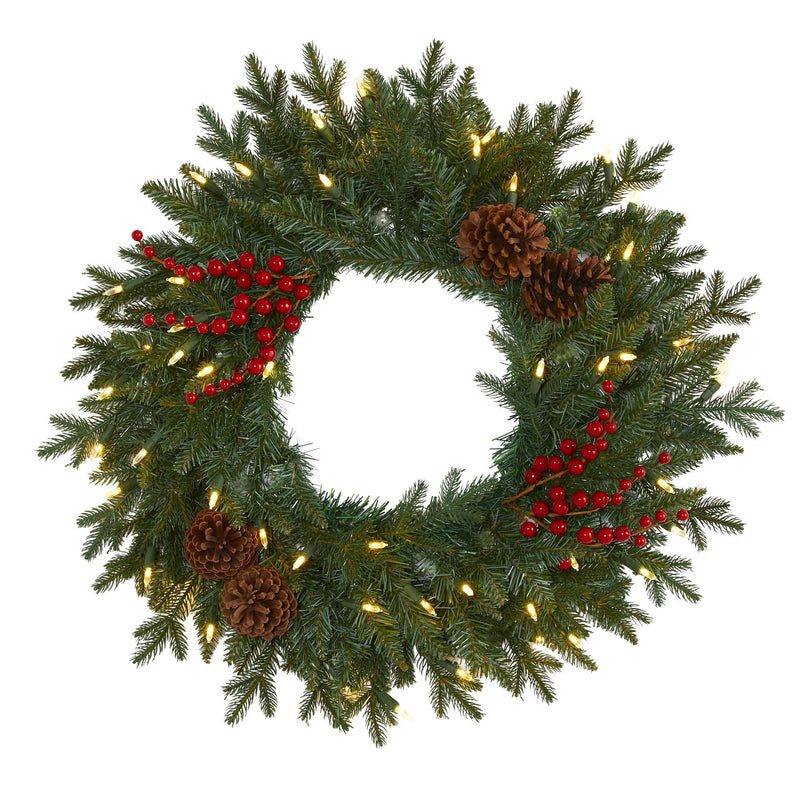 24” Green Pine Artificial Christmas Wreath with 50 Warm White LED Lights, Berries and Pine Cones