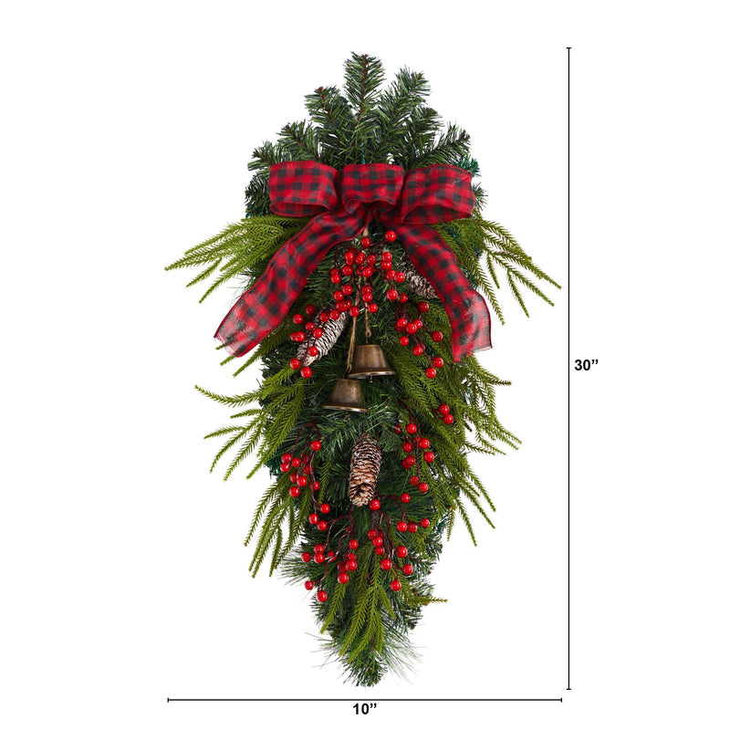 24” Holiday Christmas Pine Cones, Berry and Bells Teardrop