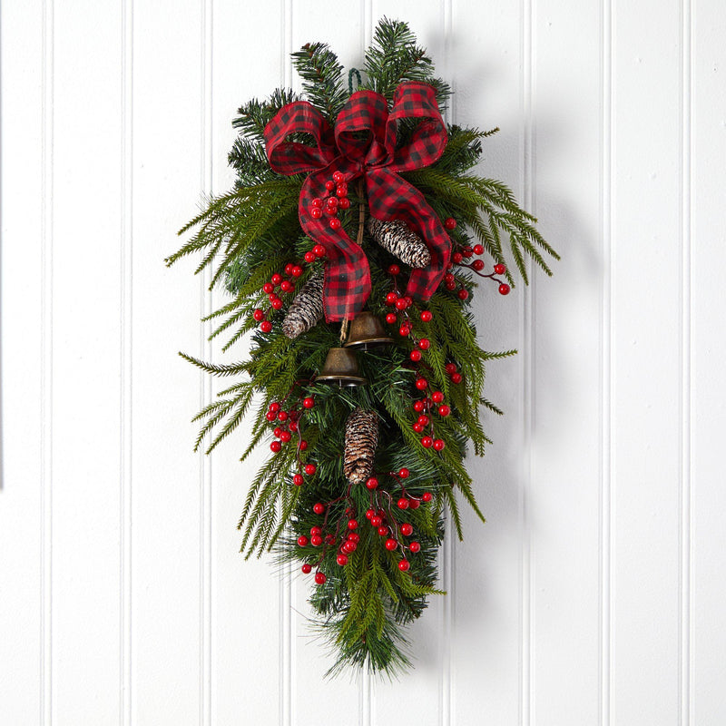 24” Holiday Christmas Pine Cones, Berry and Bells Teardrop