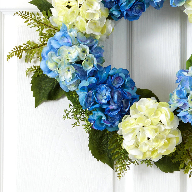 24” Artificial Blue and White Hydrangea Wreath, photo 2 of 2