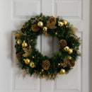 24" Pre-Lit Artificial Golden Frosted Christmas Wreath with 50 Warm White LED Lights Pinecones, Berries and Ornaments
