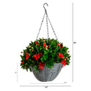 24" Pre-Lit UV Resistant Artificial Red Tip Photinia & Gold Berries Christmas Hanging Basket with 34 Warm White LED Lights (Indoor/Outdoor)