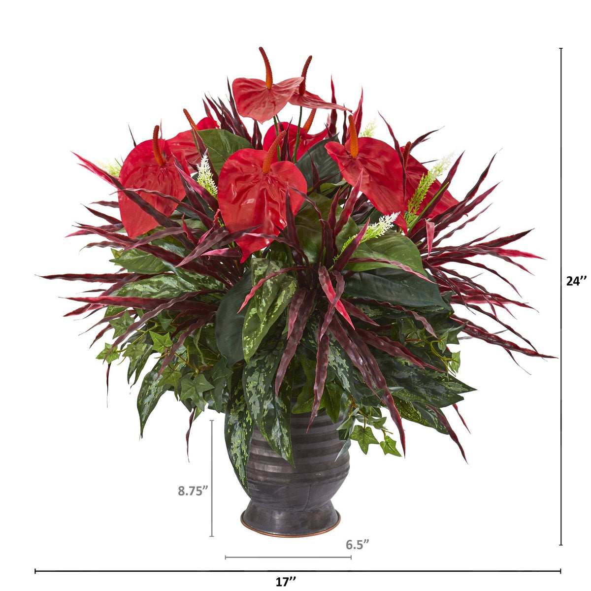 24” Mixed Anthurium Artificial Plant in Ribbed Metal Planter, photo 2 of 2