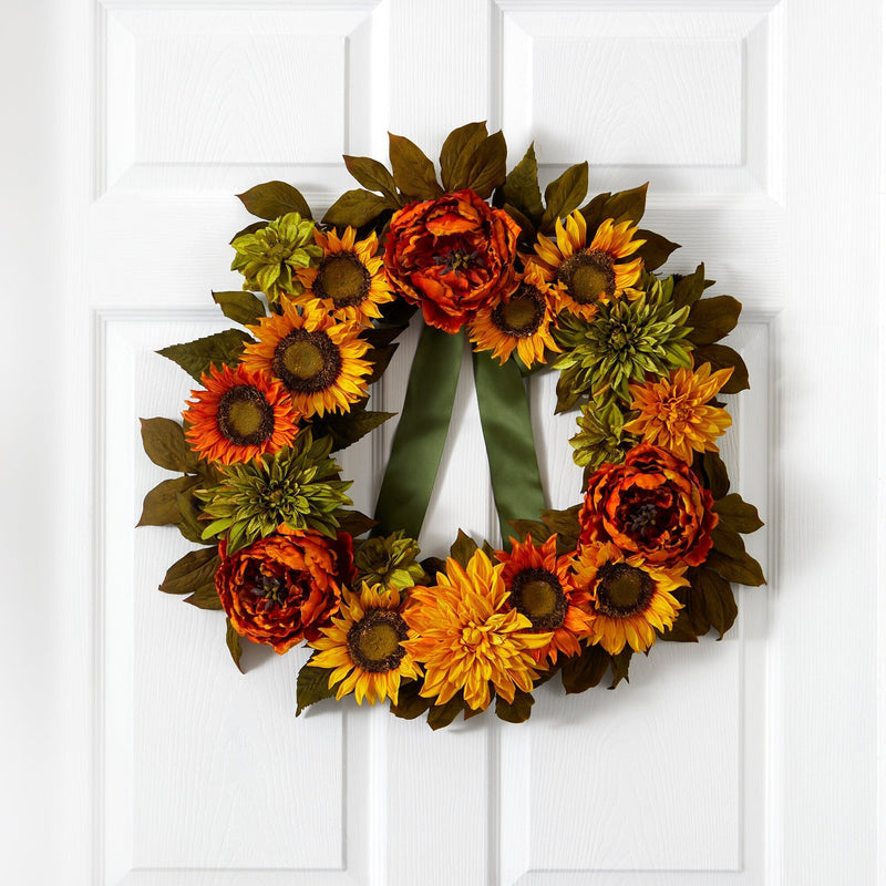 24” Peony, Dahlia and Sunflower Artificial Wreath, photo 2 of 4