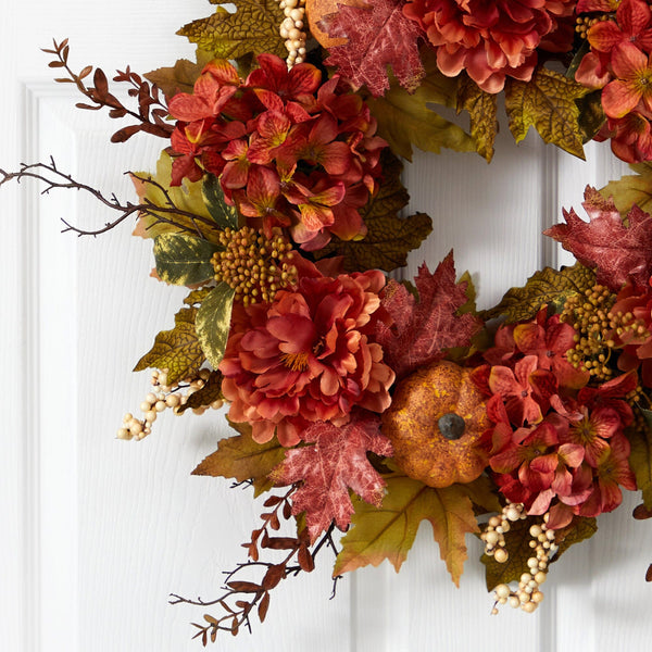 24” Peony, Hydrangea and Pumpkin Fall Artificial Wreath, photo 2 of 6