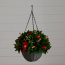 24" Pre-Lit UV Resistant Artificial Red Tip Photinia & Gold Berries Christmas Hanging Basket with 34 Warm White LED Lights (Indoor/Outdoor)