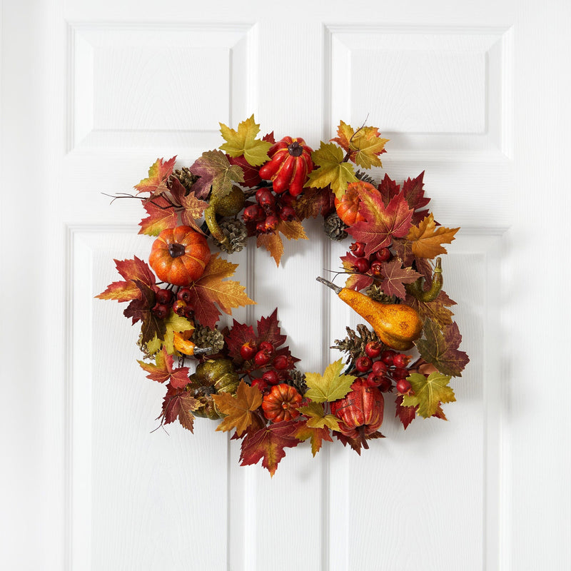 24” Pumpkin, Gourd, Berry and Maple Leaf Wreath