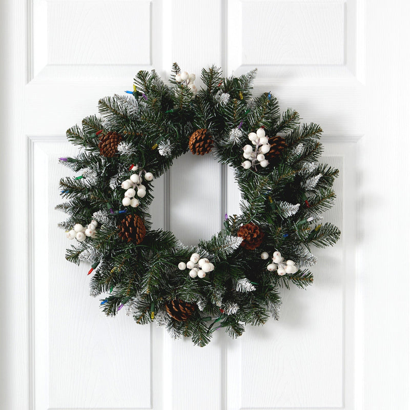 24” Snow Tipped Artificial Christmas Wreath with 50 Multicolored LED Lights, White Berries and Pine Cones