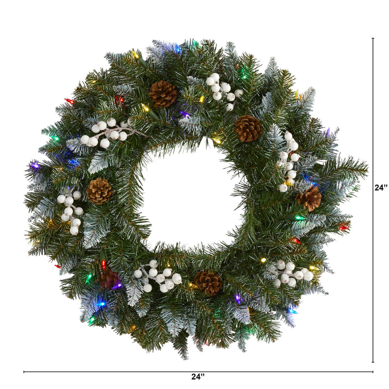 24” Snow Tipped Artificial Christmas Wreath with 50 Multicolored LED Lights, White Berries and Pine Cones