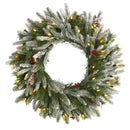 24” Snowed Artificial Christmas Wreath with 50 Warm White LED Lights and Pine Cones