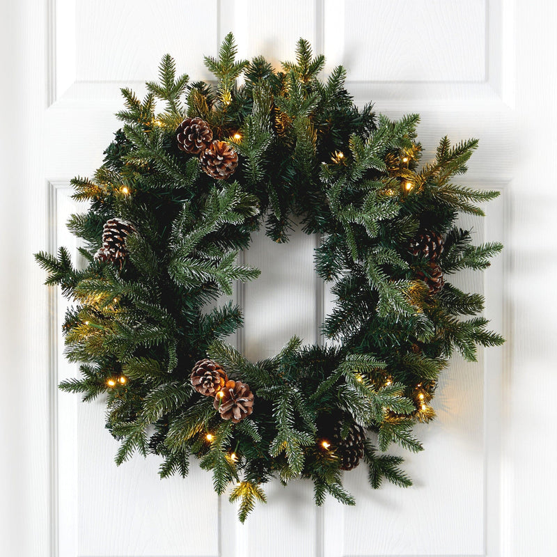 24” Snowed Pinecone Artificial Christmas Wreath with 35 Clear LED Lights