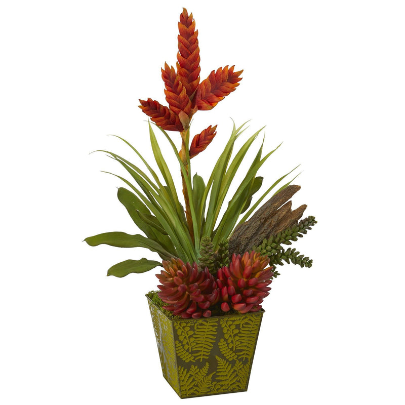 24” Succulent and Bromeliad Artificial Plant in Green Planter