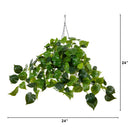 24” UV Resistant Artificial Philodendron with 50 Warm White LED Lights in White Hanging Basket