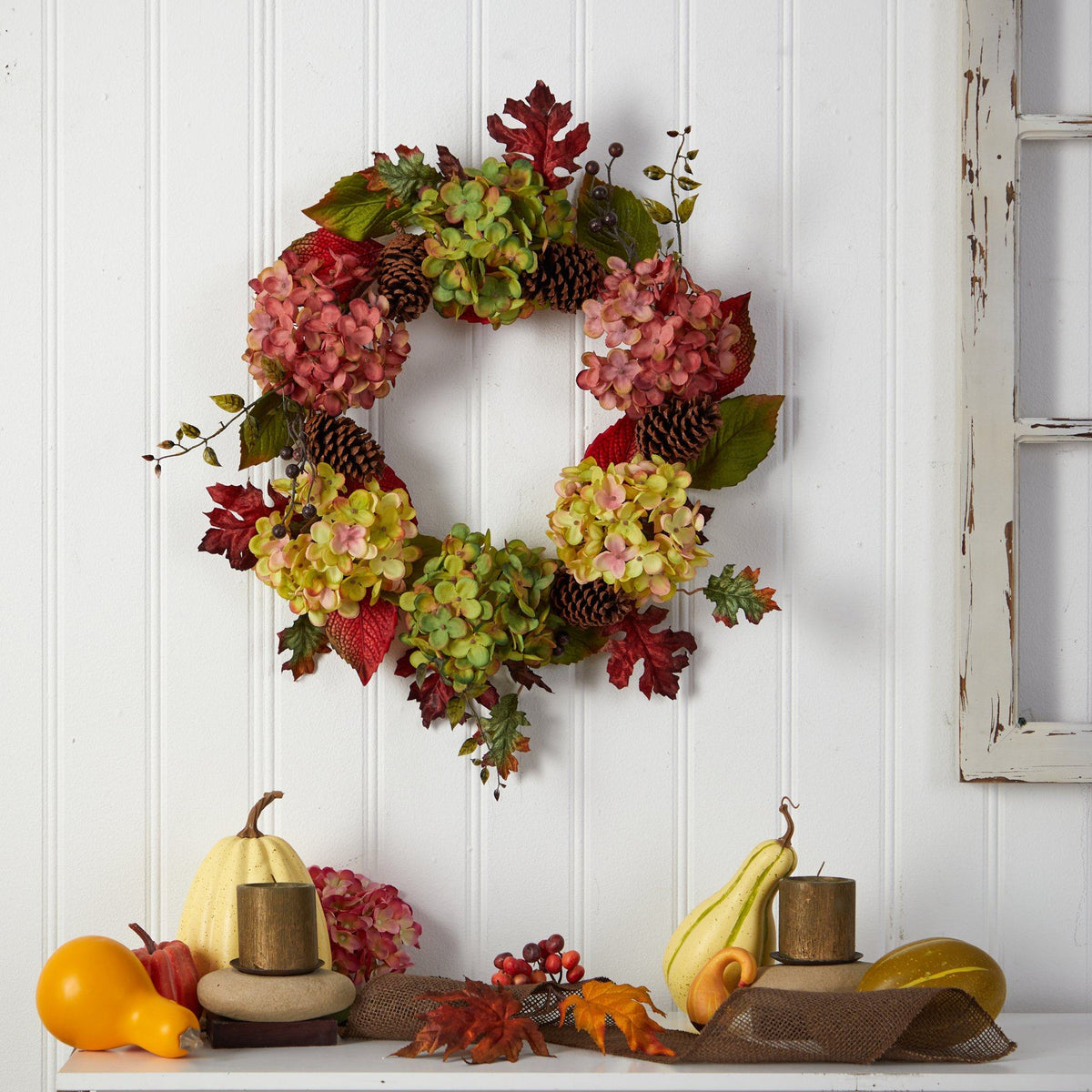 25” Autumn Hydrangea and Pinecones Fall Artificial Wreath, photo 4 of 4