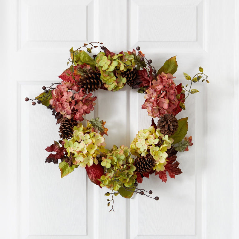 25” Autumn Hydrangea and Pinecones Fall Artificial Wreath, photo 2 of 4
