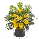 25” Calla Lilly and Areca Palm Arrangement in Stoneware Vase