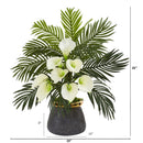 25” Calla Lilly and Areca Palm Arrangement in Stoneware Vase