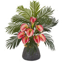 25” Calla Lilly and Areca Palm Arrangement in Stoneware Vase